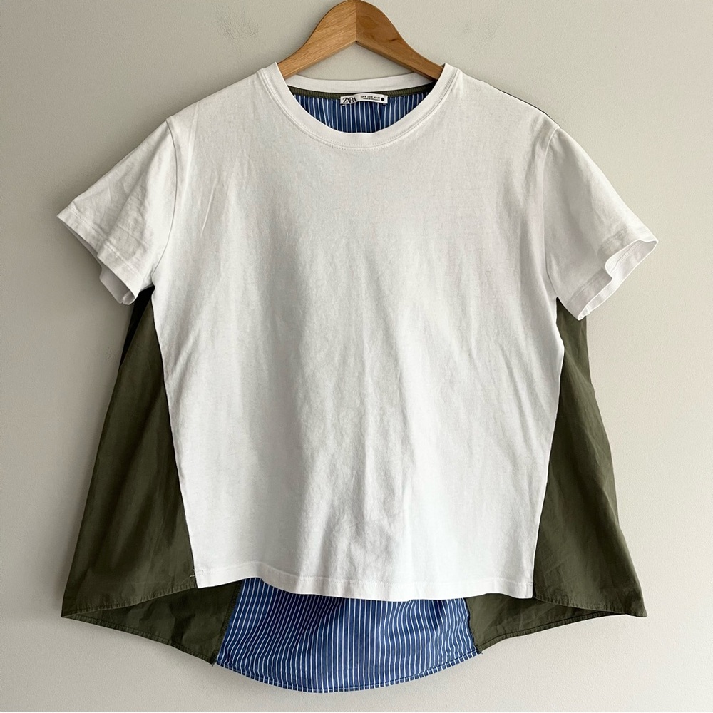 Zara Blue and White Striped Flared Top With Green Back Fabric Tie Small